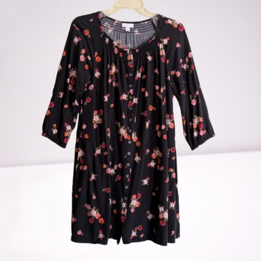 J. Jill Black Multi Floral Print Shirt Dress Button Front Prairie Cottagecore